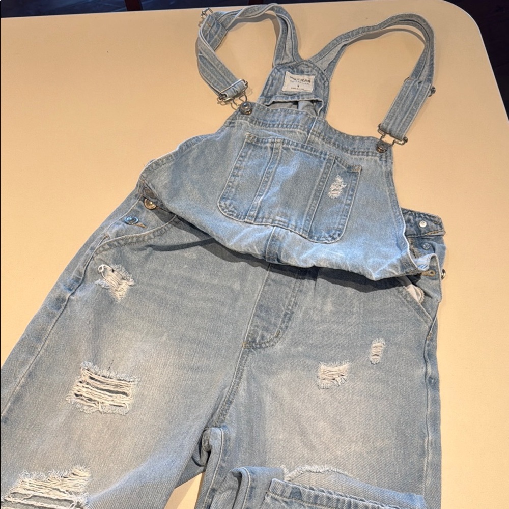 Wax Jean Collection Light Blue Distressed Denim Overalls Medium